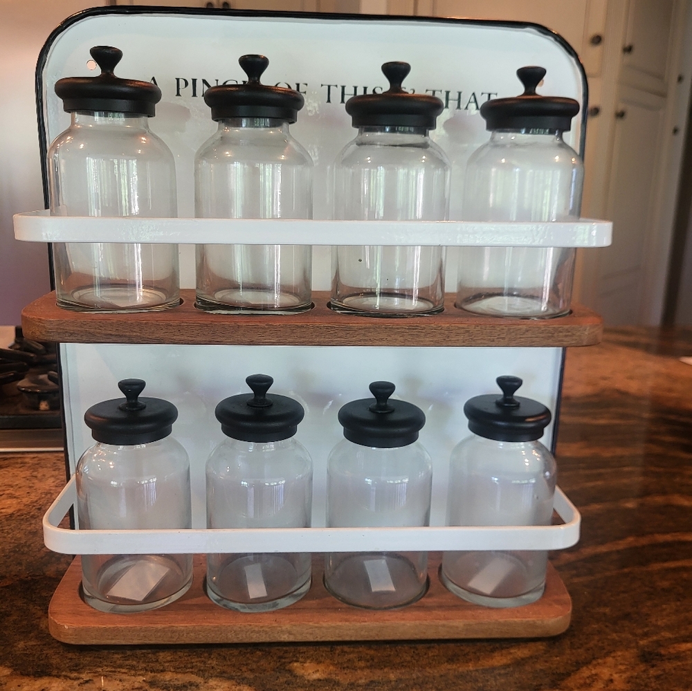 Wall Mount White Enamelware And Wood Spice Rack